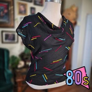 Vintage 80s Sheer Embroidered Top Black Neon Confetti Cowl Neck Retro Party M